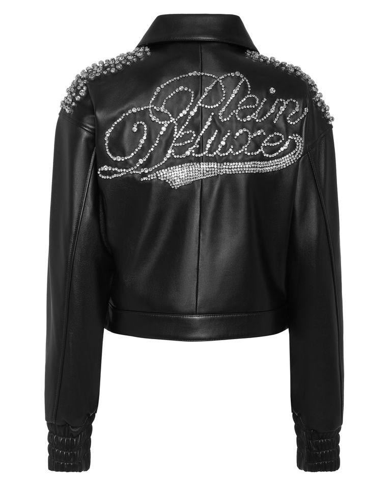 Czarna skórzana kurtka z kryształkami - Image #4