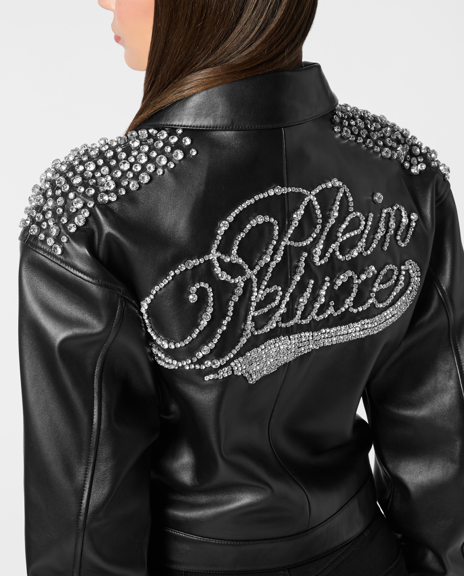 Czarna skórzana kurtka z kryształkami - Image #5