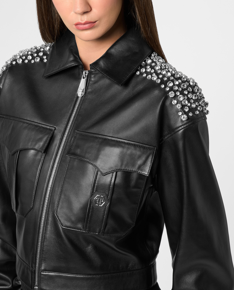 Czarna skórzana kurtka z kryształkami - Image #6
