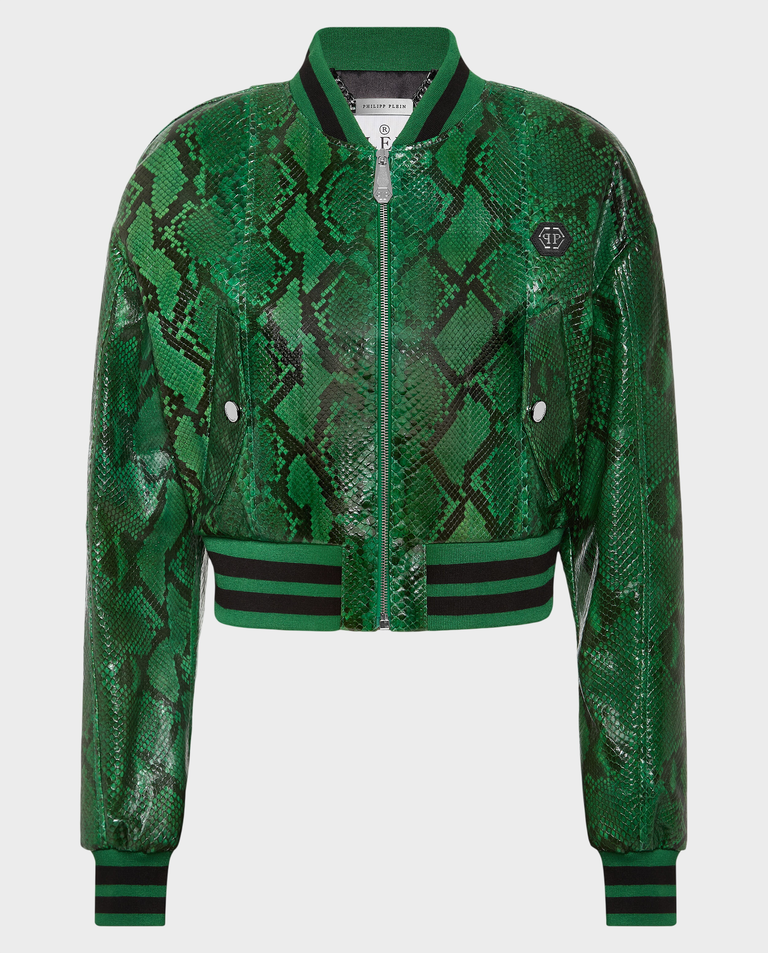 Zielona skórzana bomberka Python Signature