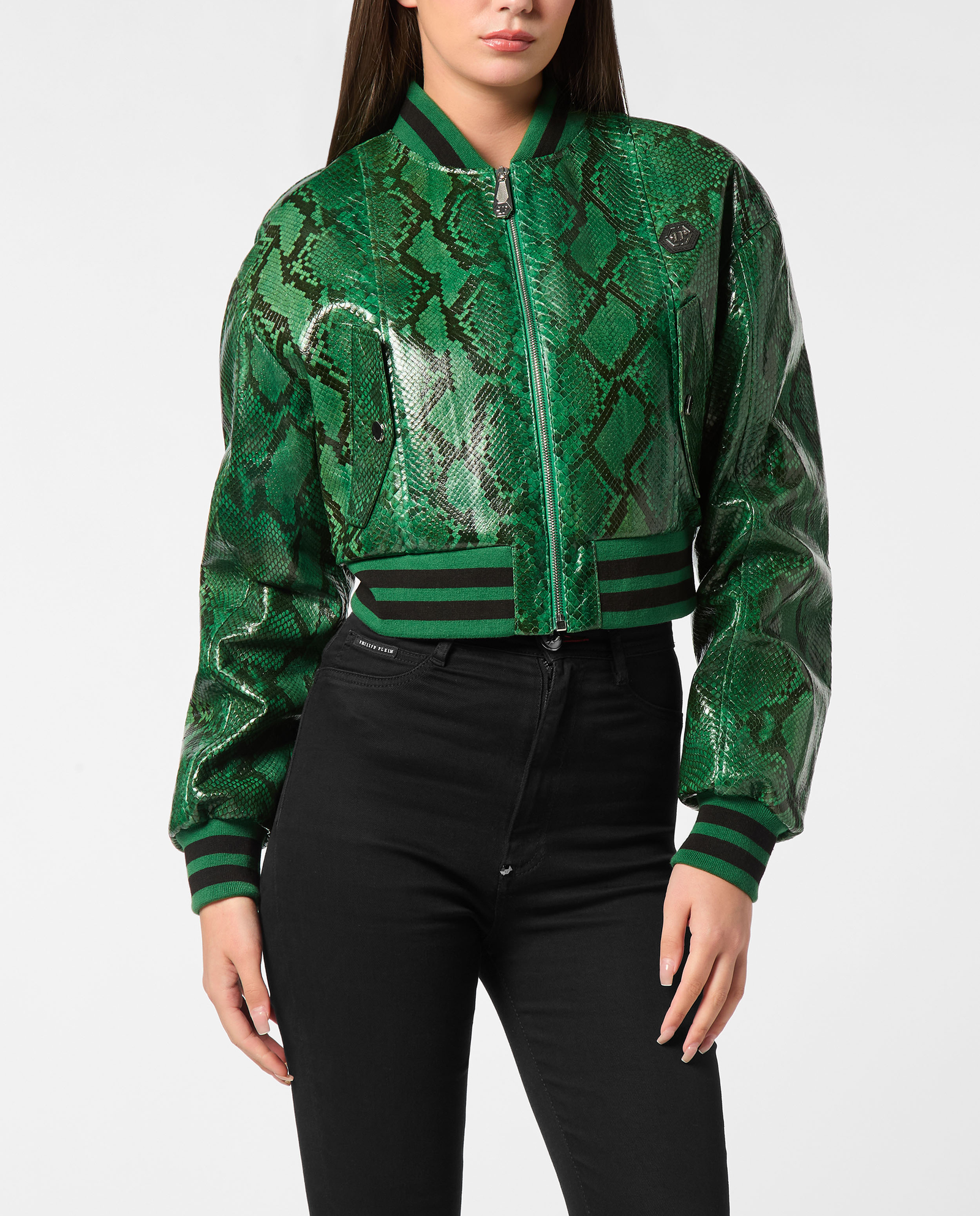 Zielona skórzana bomberka Python Signature - Image #1