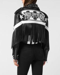 Skórzana kurtka z frędzlami biker - Image #3