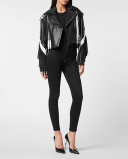 Skórzana kurtka z frędzlami biker - Image #2