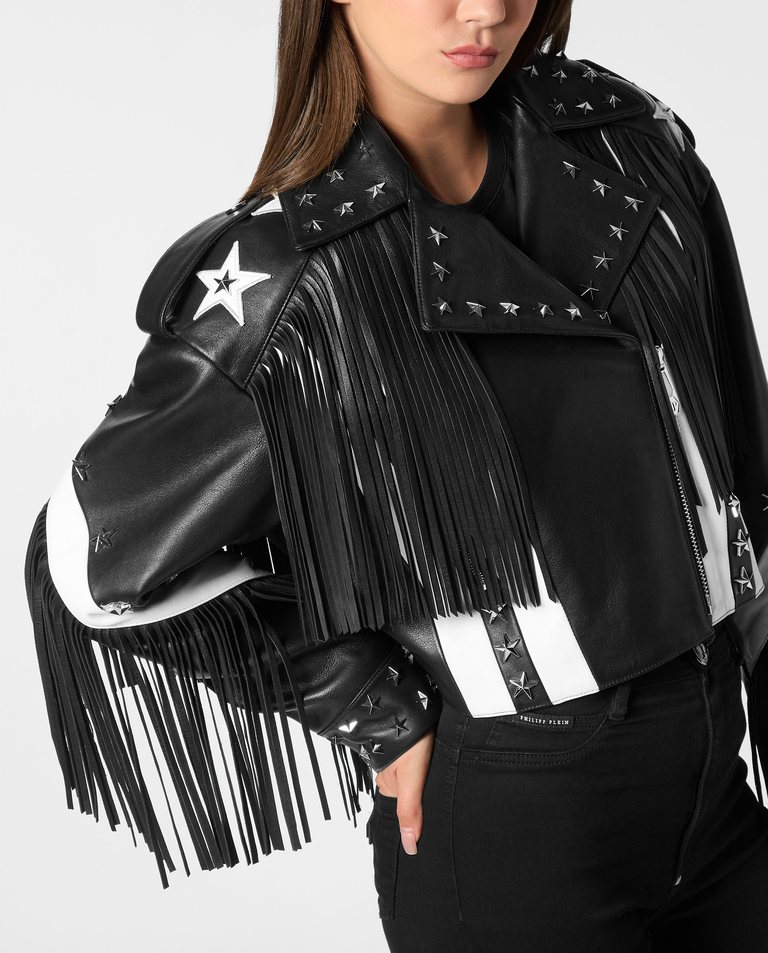 Skórzana kurtka z frędzlami biker - Image #4