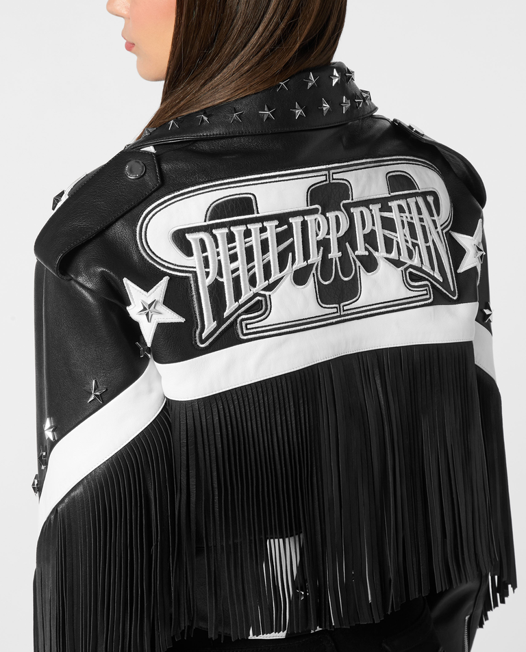 Skórzana kurtka z frędzlami biker - Image #6