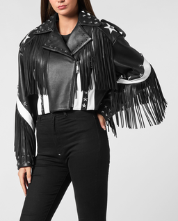 Skórzana kurtka z frędzlami biker - Image #0