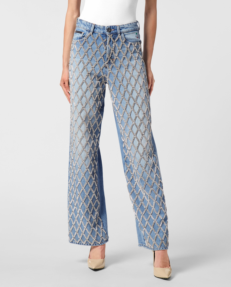 Błękitne spodnie jeansowe Skater Fit Crystal Net