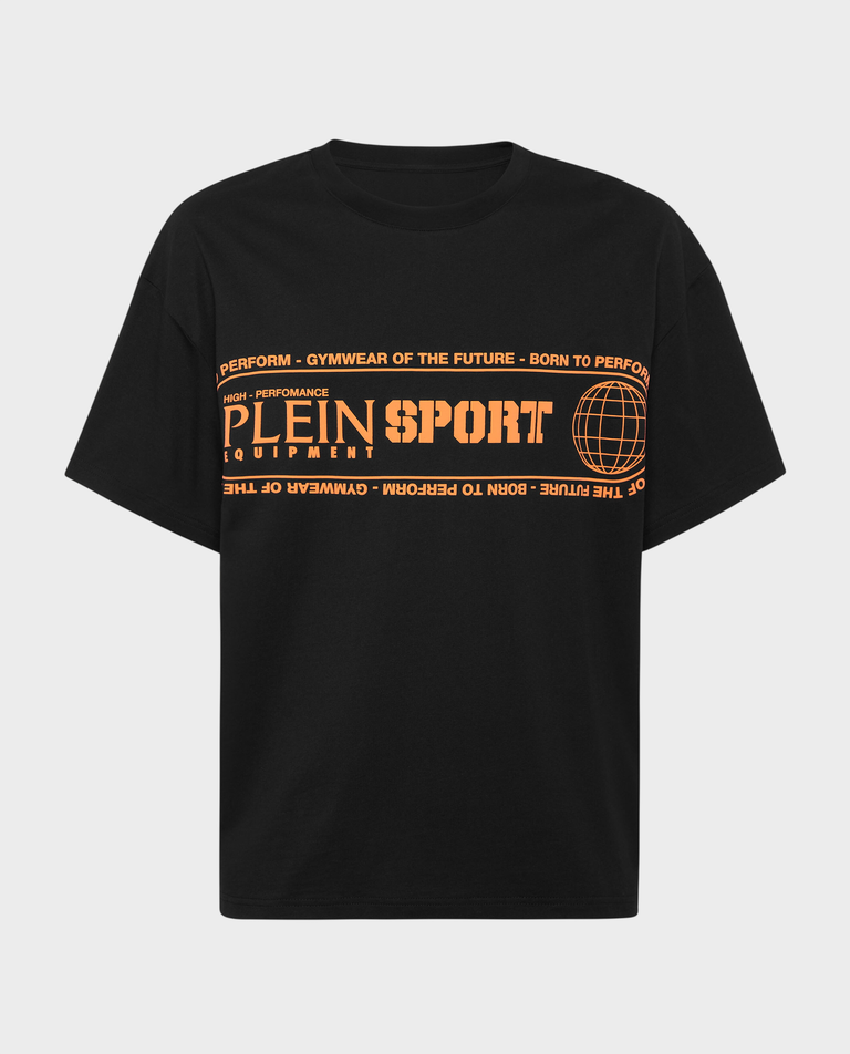 T-shirt z pomarańczowymi napisami