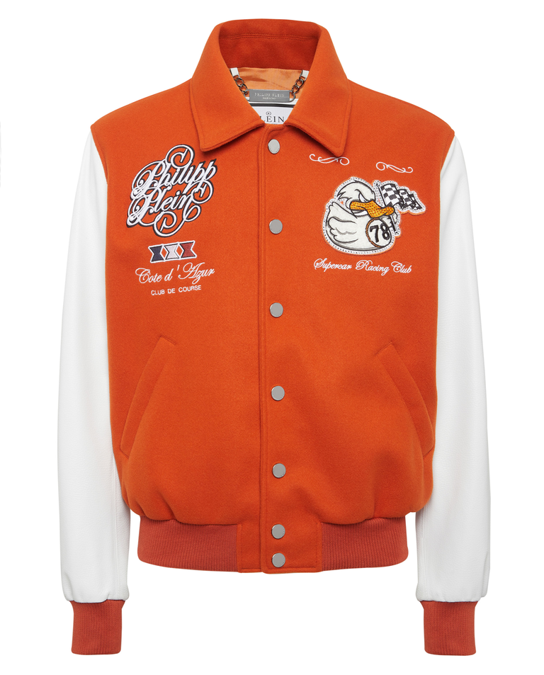 Pomarańczowa bomberka ze skórzanymi rękawami