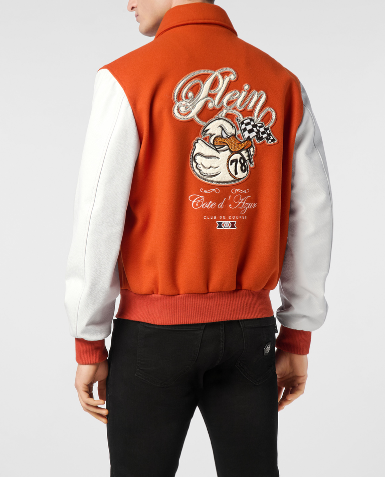 Pomarańczowa bomberka ze skórzanymi rękawami - Image #2