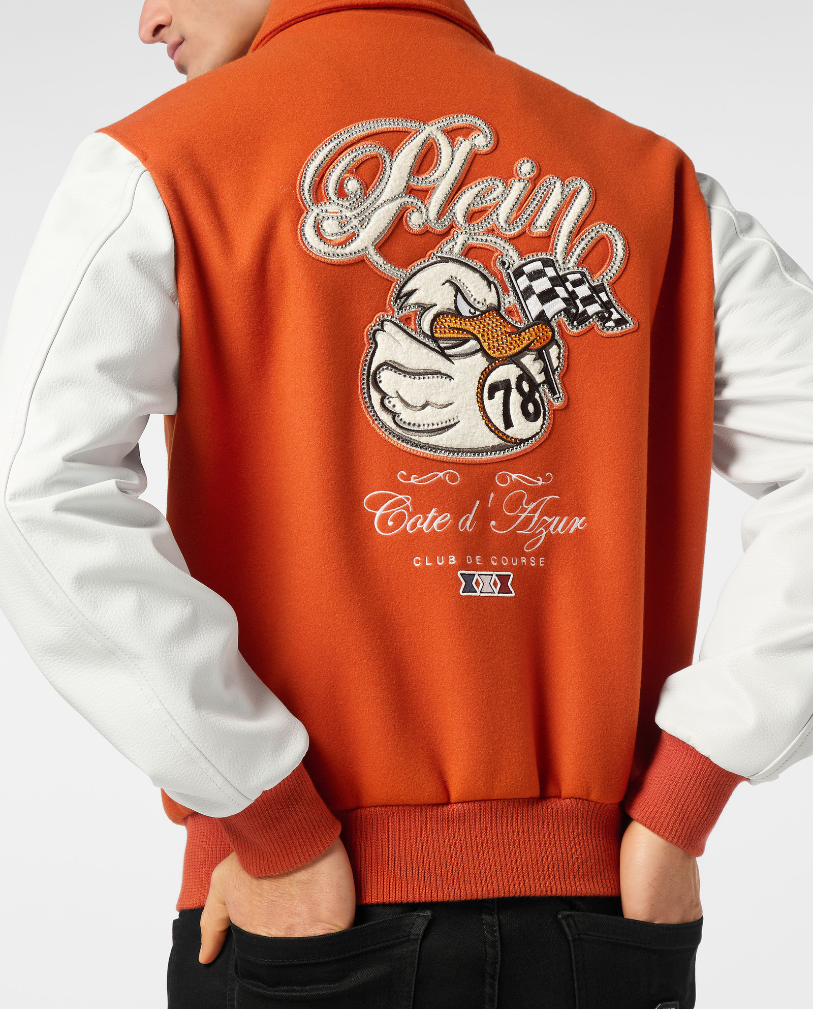 Pomarańczowa bomberka ze skórzanymi rękawami - Image #3