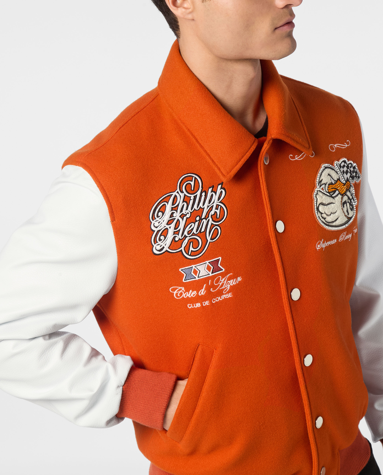 Pomarańczowa bomberka ze skórzanymi rękawami - Image #4