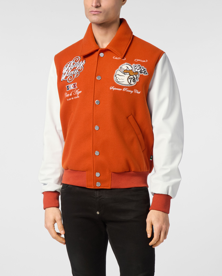 Pomarańczowa bomberka ze skórzanymi rękawami