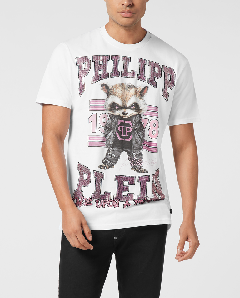 Biały t-shirt z nadrukiem College Raccoon Stones