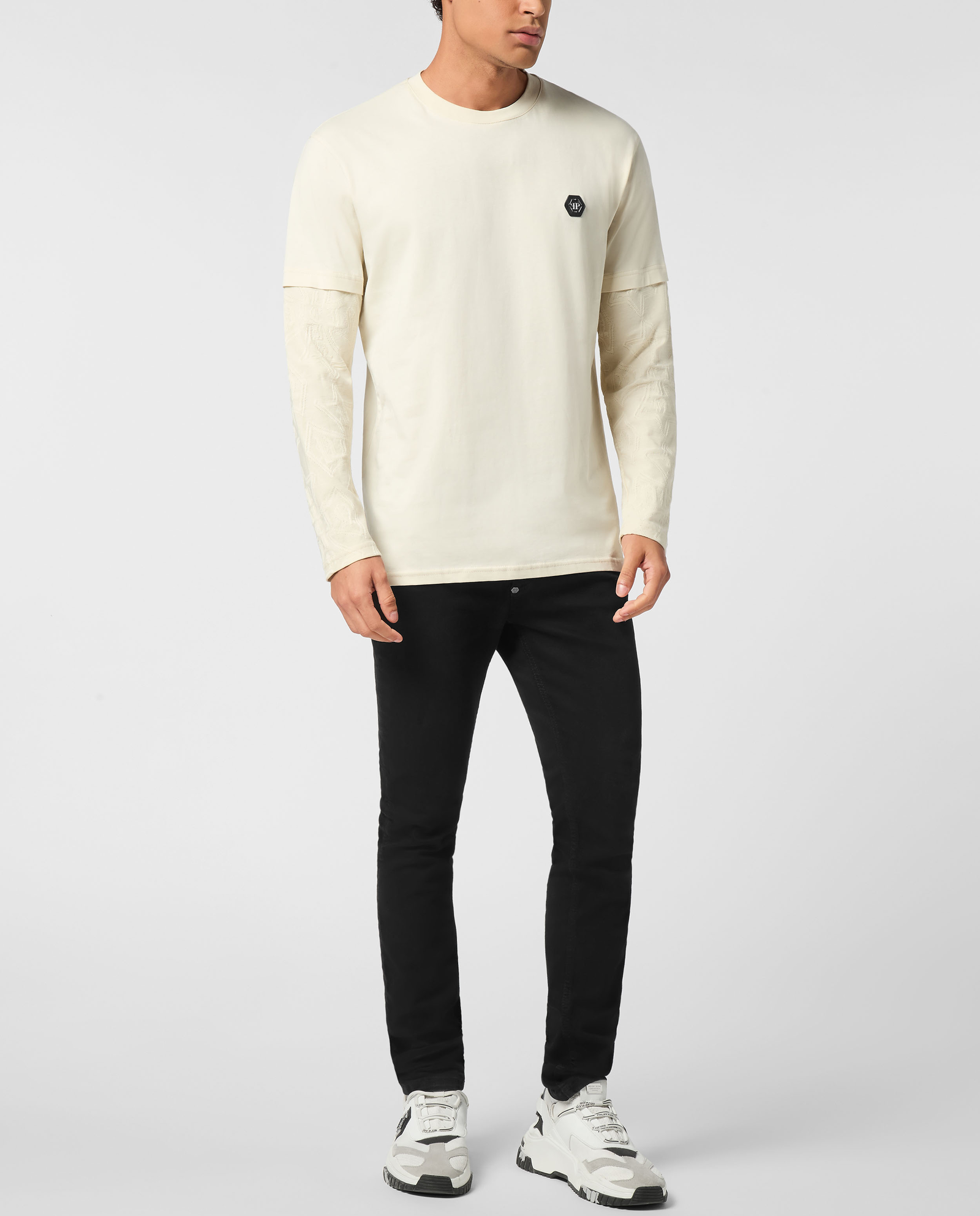 Beżowa koszulka z podwójnym rękawem - Image #2