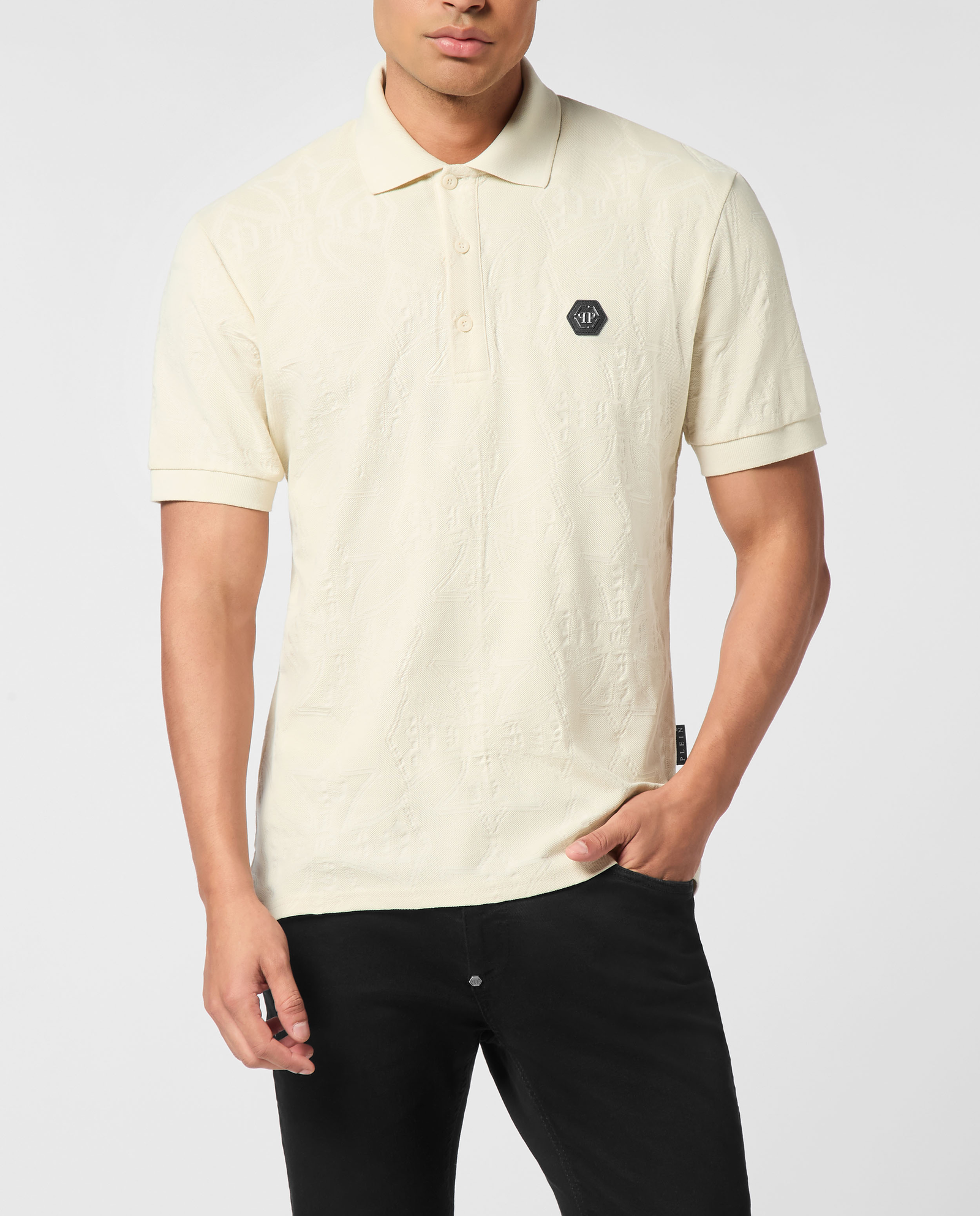 Kremowa koszulka polo z żakardowej tkaniny - Image #0