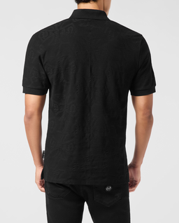 Czarna koszulka polo z żakardowej tkaniny - Image #3
