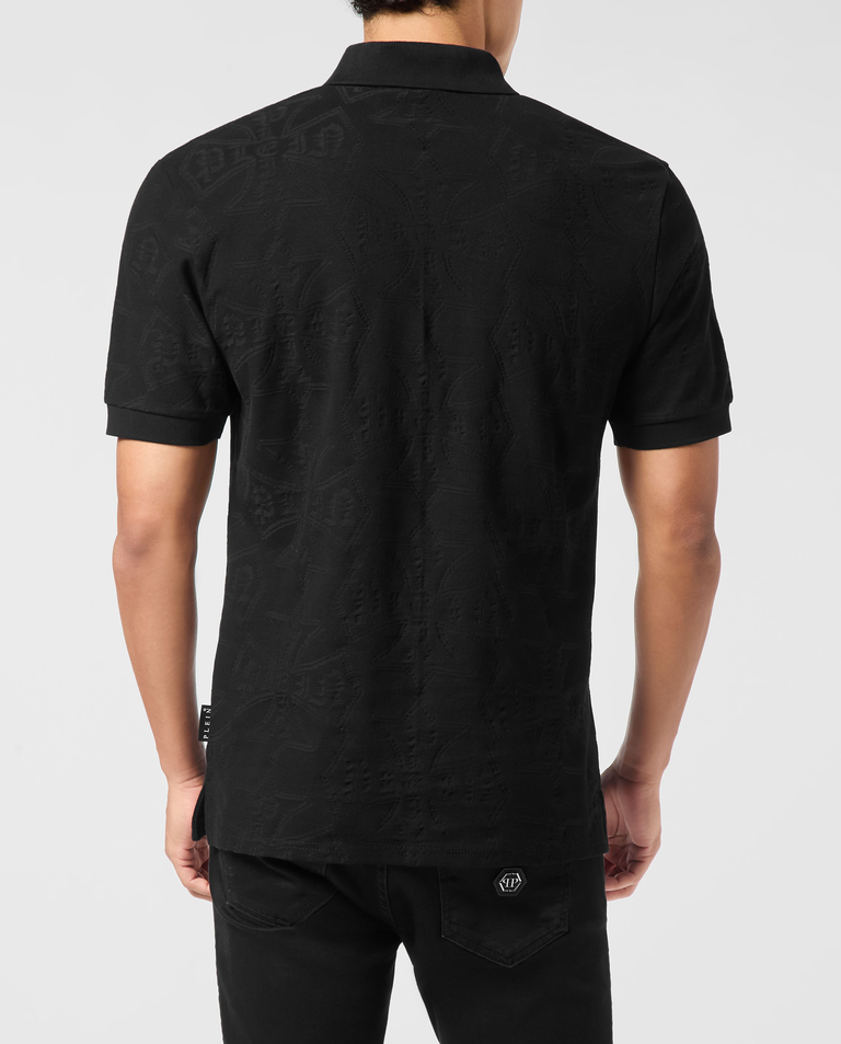 Czarna koszulka polo z żakardowej tkaniny - Image #3