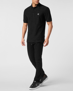 Czarna koszulka polo z żakardowej tkaniny - Image #2