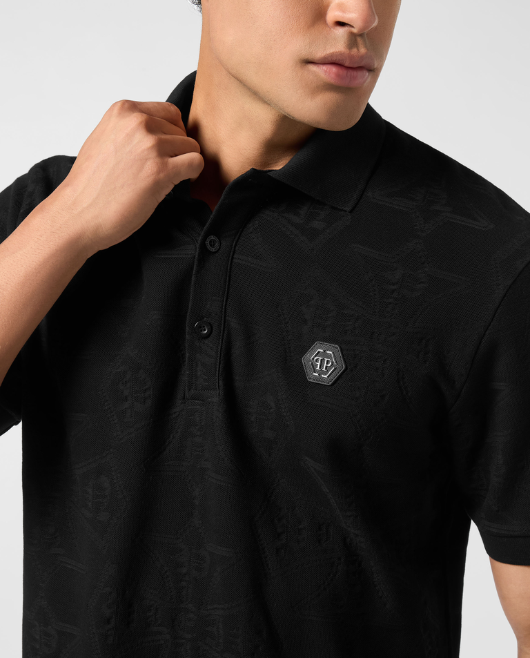 Czarna koszulka polo z żakardowej tkaniny - Image #4