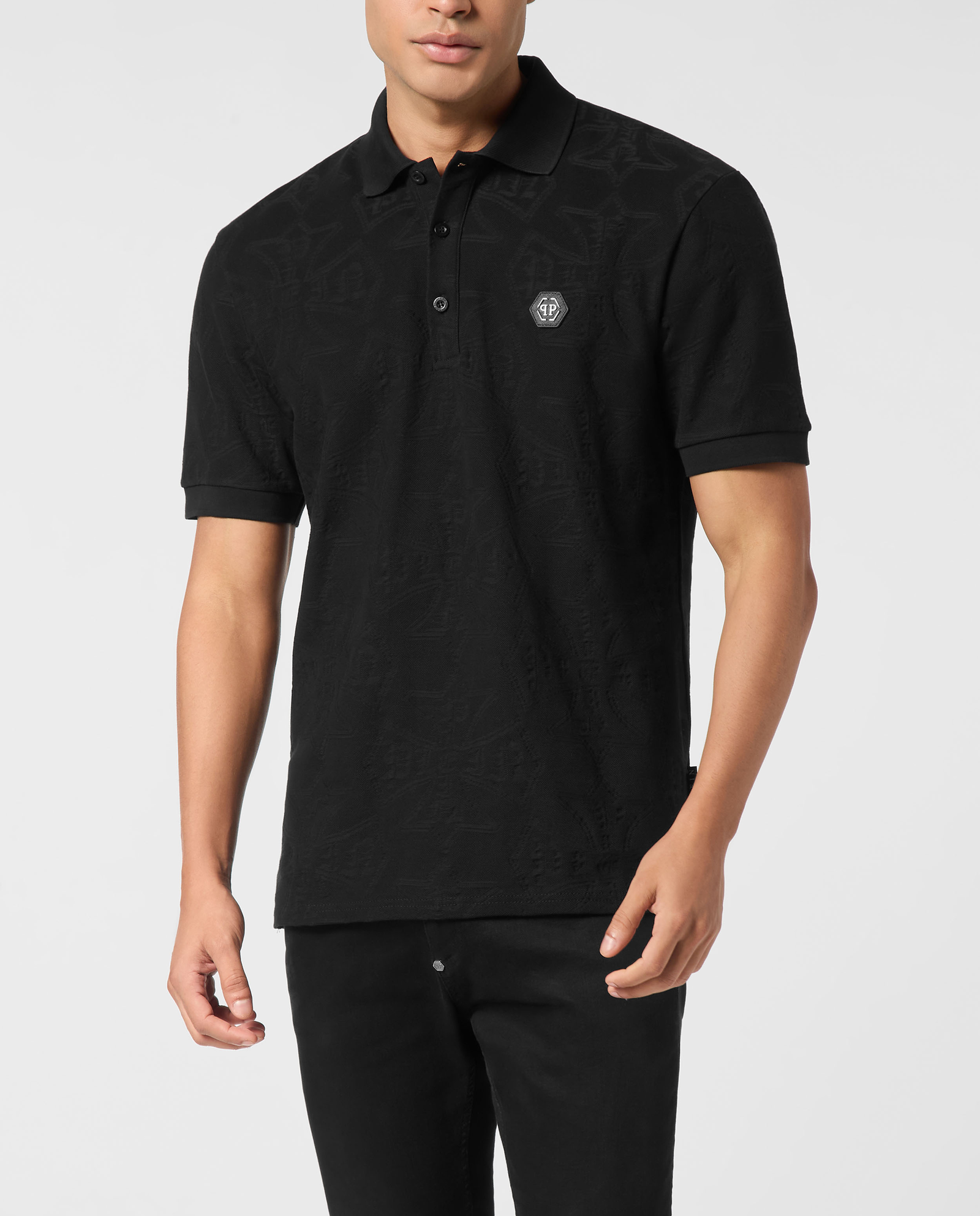 Czarna koszulka polo z żakardowej tkaniny - Image #0