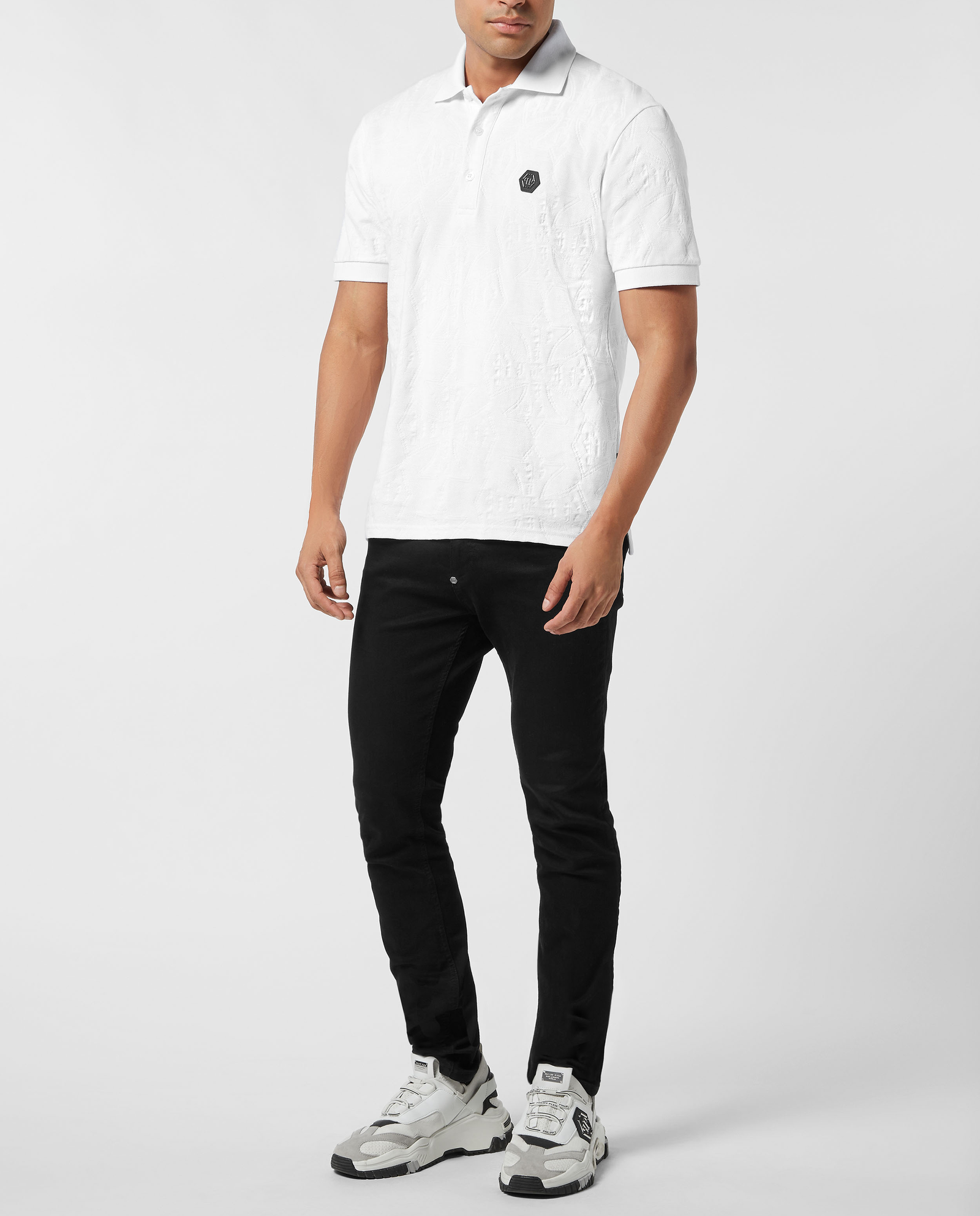 Biała koszulka polo z żakardowej tkaniny - Image #2