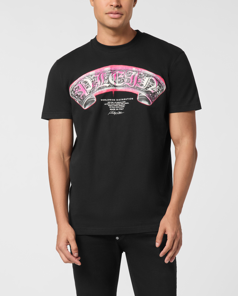 Czarny t-shirt z nadrukiem Neon Gothic Banner - Image #0
