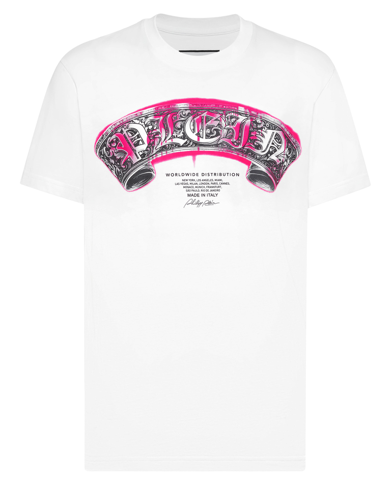 Biały t-shirt z nadrukiem Neon Gothic Banner - Image #1