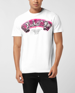 Biały t-shirt z nadrukiem Neon Gothic Banner - Image #0