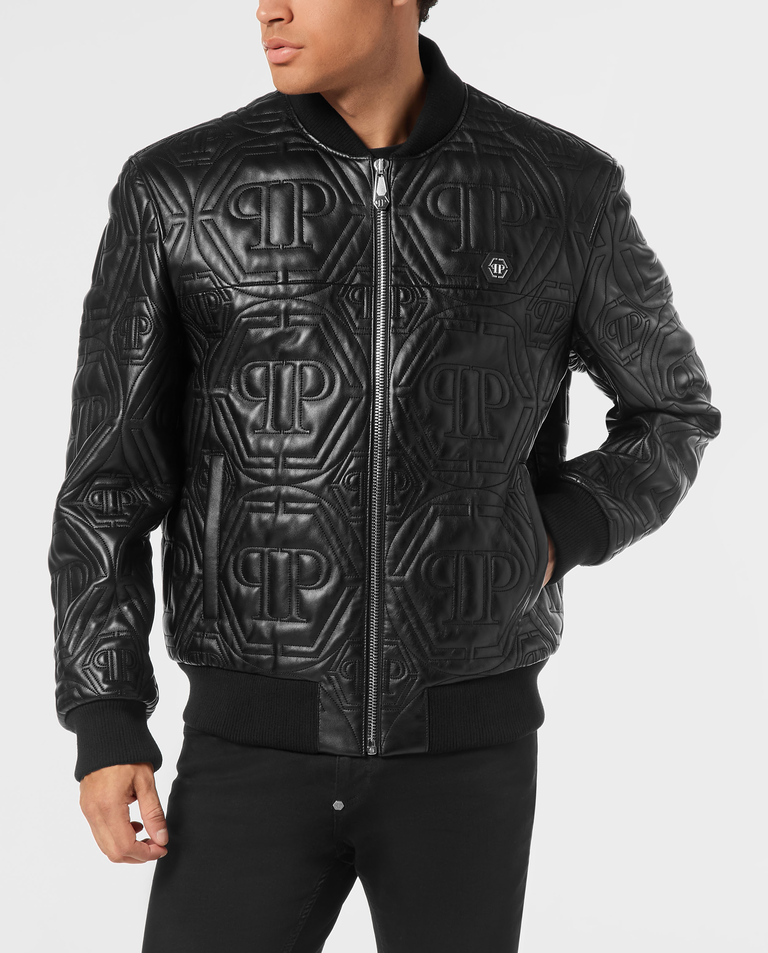 Czarna skórzana kurtka z monogramem