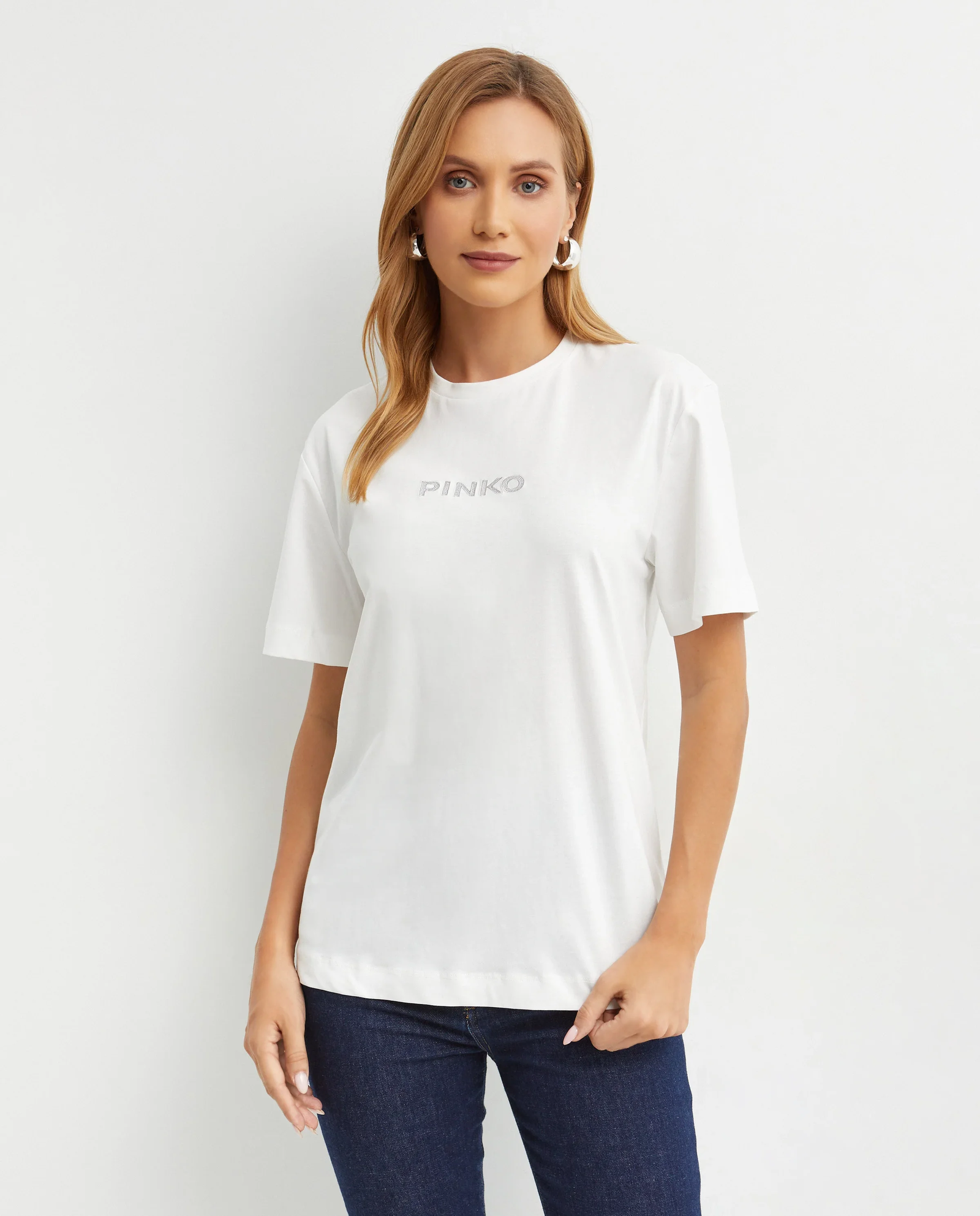 Biały t-shirt z kryształkowym logo - Image #0