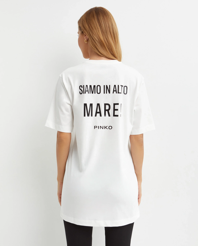Biały długi t-shirt oversize z nadrukiem i haftem - Image #1