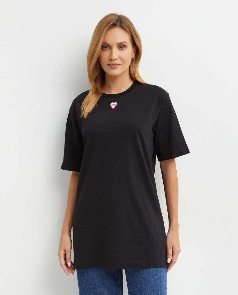 Czarny długi t-shirt oversize z nadrukiem i haftem - Image #0