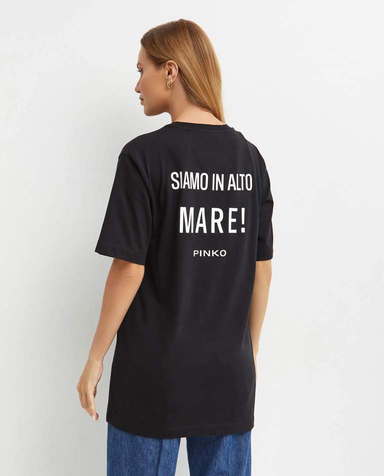 Czarny długi t-shirt oversize z nadrukiem i haftem - Image #1