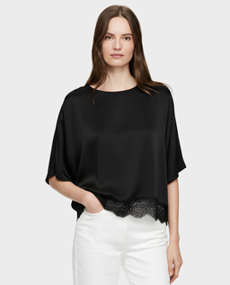 Jedwabny czarny t-shirt z koronką - Image #0