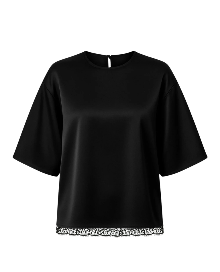 Jedwabny czarny t-shirt z koronką - Image #1