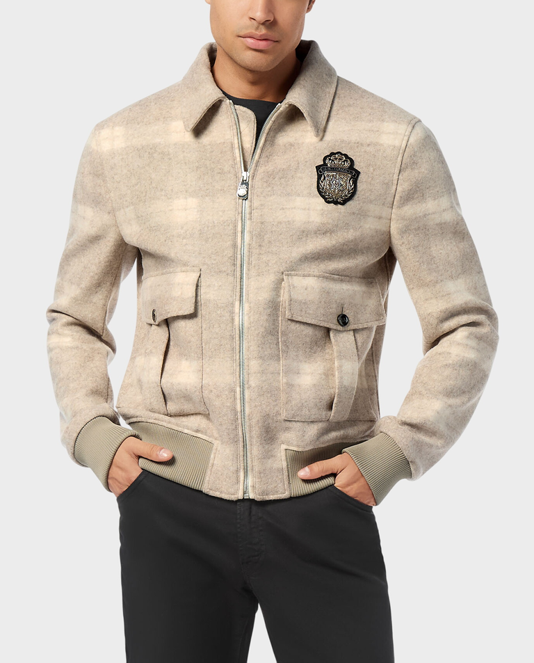 Beżowa wełniana kurtka w kratę