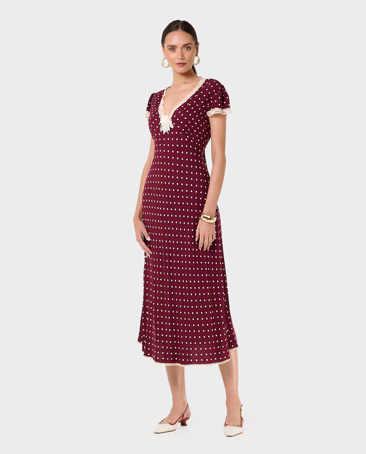 Bordowa sukienka w groszki Polka - Image #2