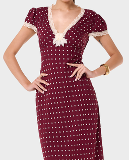 Bordowa sukienka w groszki Polka - Image #3