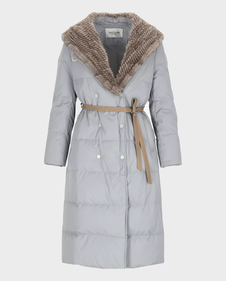 Szary płaszcz puchowy z ozdobnym kapturem Gastoni