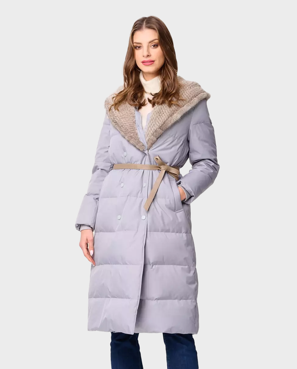 Szary płaszcz puchowy z ozdobnym kapturem Gastoni - Image #0