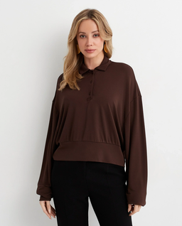 Brązowa bluzka z kołnierzykiem polo - Image #0