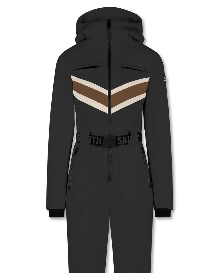 Czarny kombinezon narciarski z technologią Recco