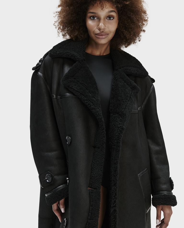 Czarny dwurzędowy płaszcz ze skóry jagnięcej - Image #2
