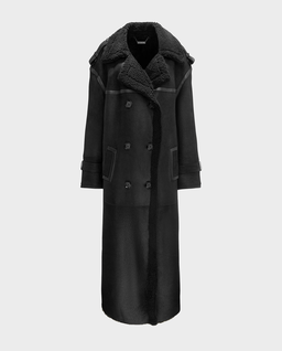 Czarny dwurzędowy płaszcz ze skóry jagnięcej - Image #3