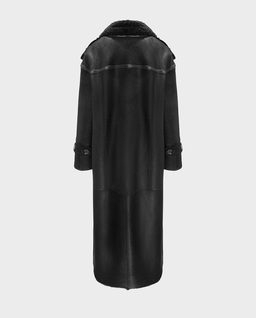 Czarny dwurzędowy płaszcz ze skóry jagnięcej - Image #4