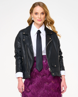 Czarna oversizowa kurtka skórzana Fiorenza - Image #0