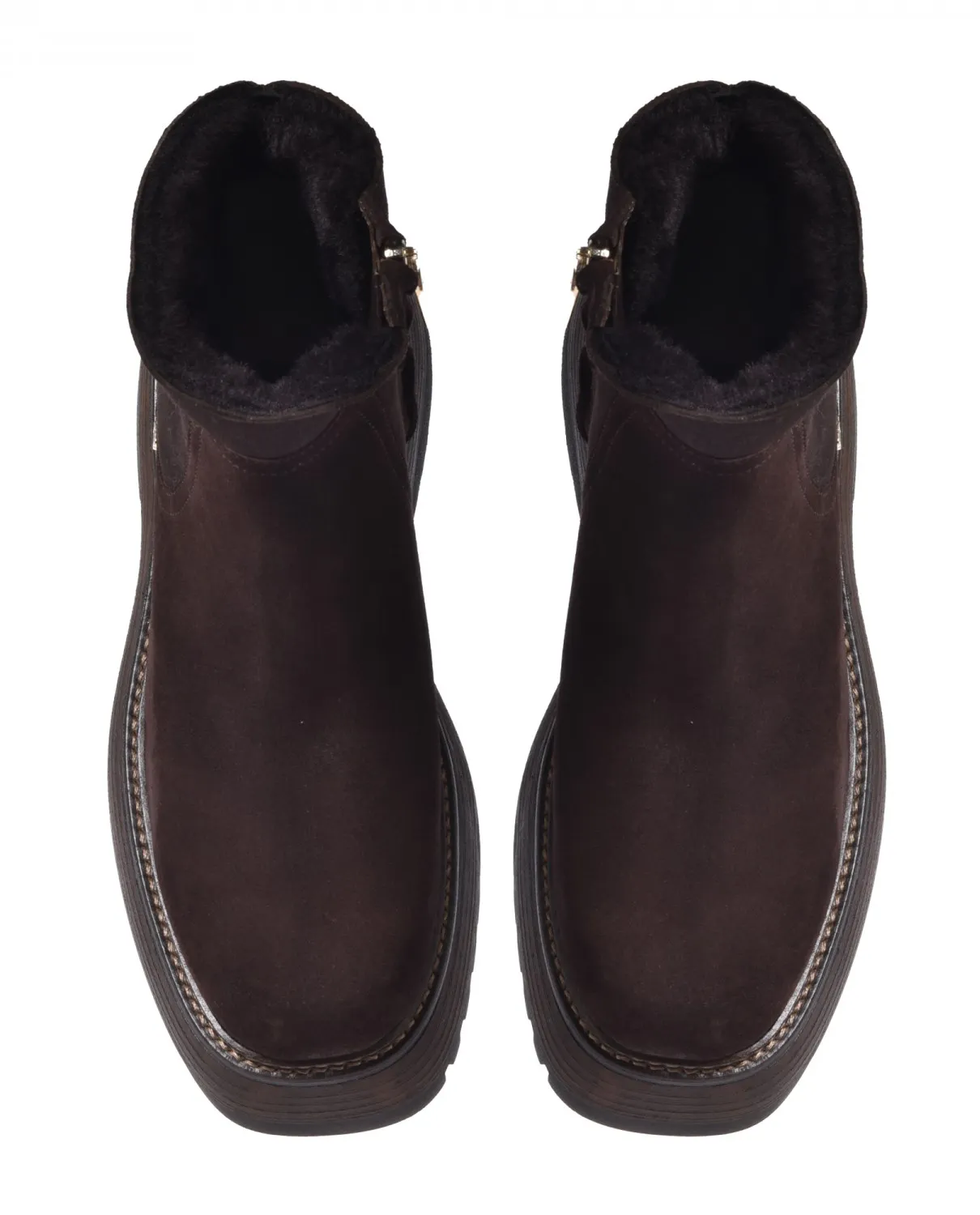 Czekoladowe zamszowe botki z futerkiem - Image #3