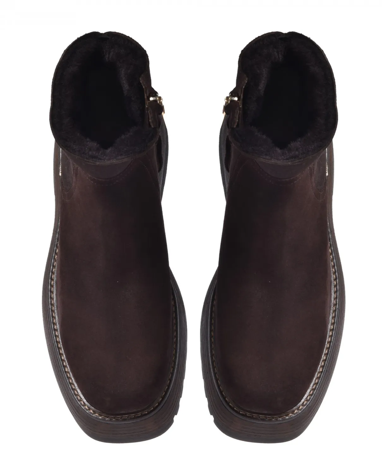 Czekoladowe zamszowe botki z futerkiem - Image #3