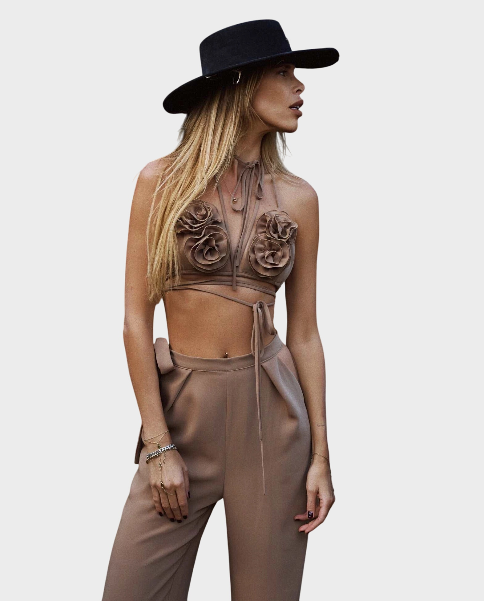 Beżowy set ze spodniami i kwiatowym topem Morgan - Image #0